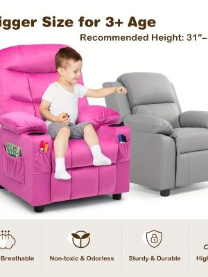 Girls' Pink Velvet Recliner Chair with Cup Holder & Storage Pocket - Heavy-Duty 300lb Capacity, Ergonomic Backrest & Armrests, Manual Recliner with Safety Belt - Modern Soft Cushioned Lounge Chair for Kids & Teens, Easy Assembly, Ideal for Bedroom, Living Room, Home Theater - Durable Wood Frame & Fabric, Ideal Gift for Girls 3-12 Years (Pink, Purple, Black, White, Grey Available), Lounge Chair for Teens, Comfortable Sitting, Playroom Seating, Stylish Recliner, Highcapacity Recliner, '