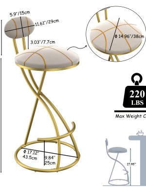 Pair of Contemporary Velvet Bar Stools with Counter Height, Featuring a Golden Metal Frame And S-Shaped Stripe Backrest, Upholstered Round Chairs Inspired by Basketball And Soccer, Complete with Footrest for Dining Areas, Kitchens, And Bars
