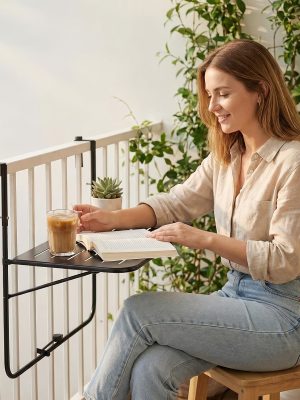 Balcony Railing Table, Outdoor Folding Hanging Table with Adjustable Heights, Heavy Duty Metal Hanging Bar Table for Patio, Garden and Deck