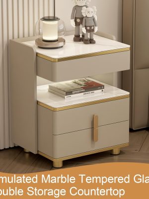 Modern Marble-Top Nightstand with Golden Trim, 3-Drawer Beside Table with Open Shelf, Tempered Glass Countertop, Rounded Corners And Silent Slides for Bedroom, Luxury Minimalist Storage Cabinet 1/2pcs