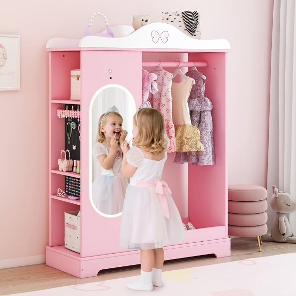 product-fancy-dc675613-b014-4d8e-a223-ca3b6bbcd08a Kids Armoire with Jewelry Cabinet, Kids Dress Up Storage wth Shelves, Girls Wardrode Costume Organizer with Mirror, Children Closet with Armoire for Bedroom, Kids Room, Girls, Kids Room Furniture, Bedroom Storage, Stylish Kids Wardrobe, Playful Design, Hardwood Construction, Quality Wood Finish, Shelved Wardrobe, Parents Organizing, Childrens Clothing