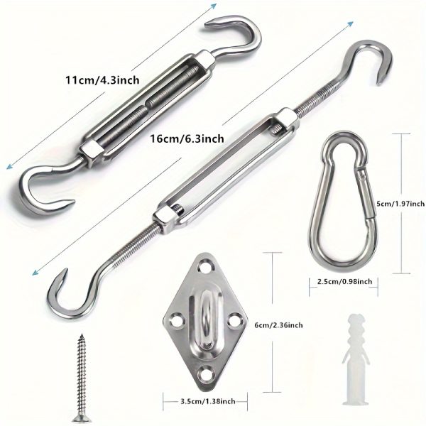 Stainless Steel 48pcs Sunshade Sail Hardware Kit - Triangular And Square Awning Fixing Accessory Set - for Outdoor Use, Includes Screw Buckles, Spring Hooks, Eye Pads, PVC Coated Steel Wire Rope, And Screws