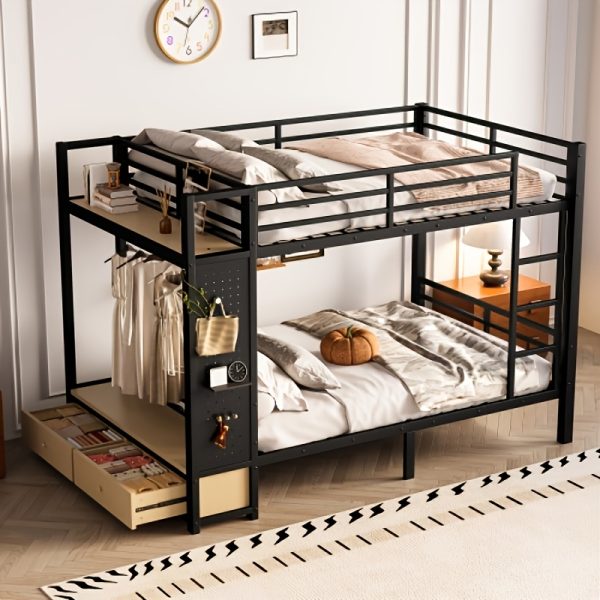 product-fancy-dce528b8-8eeb-4ffb-aeea-d14b947a0360 BELLEMAVE Full Over Full Size Metal Bunk Bed with Storage Shelves, Drawers And Pegboard, Heavy-Duty Loft Bed with Noise-Reduced Design, No Box Spring Required, Black
