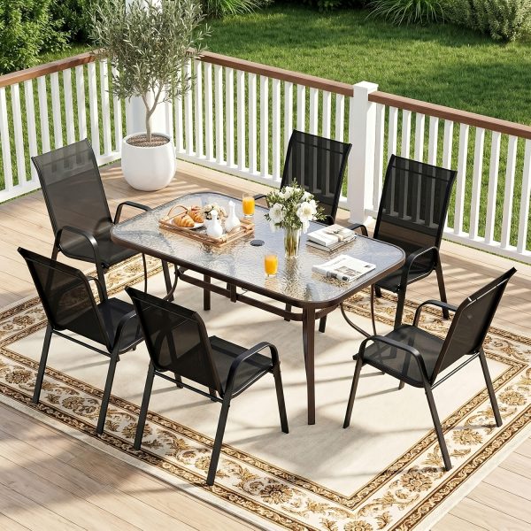 7pcs Outdoor Table And Chairs for 6, Outdoor Dining Set W/Rectangle Glass Table And 6 Patio Textilene Stackable Chairs, Patio Furniture Set W/Umbrella Hole, Umbrella Not Included