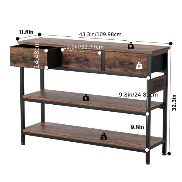 product-fancy-dd306a6a-35bd-485b-83e5-bc564b6f51c9 3-Tier Console Table with Charging Station (2 AC Outlets + 2 USB Ports) - Hardwood Entryway Sofa Table with 3 Breathable Fabric Drawers & Open Shelves, Adjustable Feet, Modern Rustic Design for Narrow Spaces, Living Room, Hallway