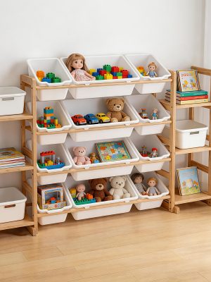 Storage Organizer with 6 Shelves And 12 Bins, 52.3 Inch Wide Kids Bookshelf And Organizer, Wooden Bookcase with Storage Bins for Playroom, Bedroom, Nursery And Room Decor