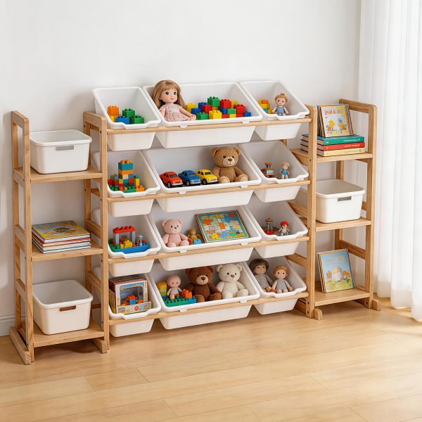 product-fancy-dd44cade-1c3b-43d7-a951-39f1c3808d78 Storage Organizer with 6 Shelves And 12 Bins, 52.3 Inch Wide Kids Bookshelf And Organizer, Wooden Bookcase with Storage Bins for Playroom, Bedroom, Nursery And Room Decor