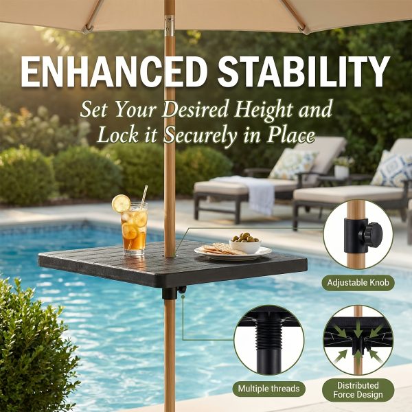20'' Adjustable HDPE Table Top Umbrella Tray, Fits 1.5in Patio Umbrella Pole, Black Umbrella Table for Lawn, Deck, Garden, Backyard & Pool Use