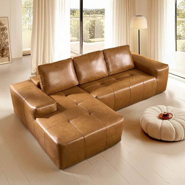 product-fancy-ddad3695-777d-4f9c-9b8d-3d80801c8dfd 114" L-Shaped Sofa Set for The Living Room - Mid-Century Brown Waxed Fabric Sectional Couch, No Assembly Required (Chaise + Loveseat) Space-Saving Package (Brown)
