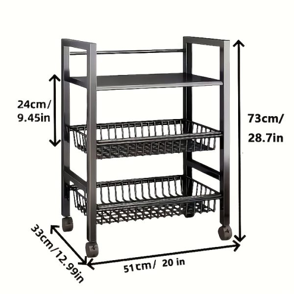 Kitchen Storage Shelf with Mesh Baskets, Metal Frame Serving Cart with Wheels, Rolling Baker's Rack with Adjustable Shelves, for Kitchen Bathroom Living Room Office