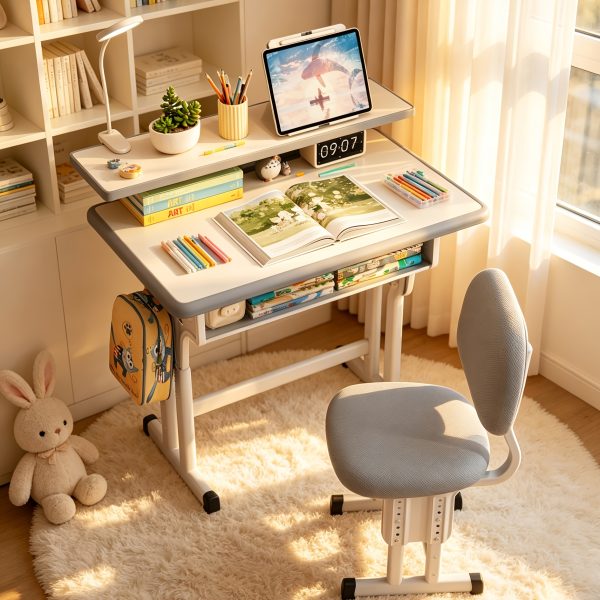 product-fancy-ddbc5737-62f8-4686-93e8-82e29663f080 Adjustable Kids Study Desk & Chair Set, Ergonomic Curved Back Spine Protection, Height Adjustable, Wipeable Desktop, Detachable Reading Stand, Eye-Caring LED Lamp, Multiple Colors, Ideal For 3-18 Years Old Kids Home School Study & Daily Use
