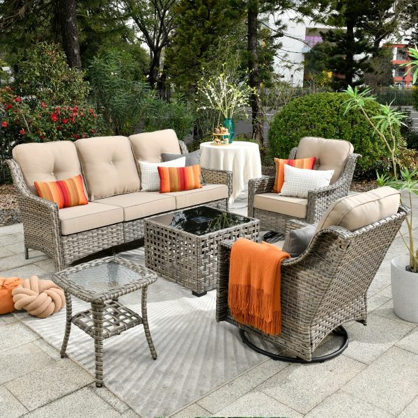 product-fancy-ddd51534-54b4-49e3-a77f-b953c181b3e7 5pcs Outdoor Patio Furniture Set with 2 Swivel Chairs, 1 Outside Sofa, 1 Side Table and 1 Solar Lighting Glass Coffee Table - All-Weather Wicker Patio Conversation Set Modern Design for Garden, Deck, and Porch Decor