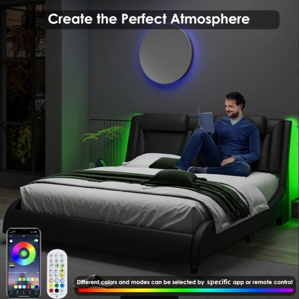 product-fancy-de06a57d-0eb8-42b8-a959-d6fe6540e3cd Upholstered Bed Frame Available in Full, Queen, And King Sizes Featuring an Adjustable Headboard, a Wavy Design, a Removable Backrest, And Solid Wooden Slats for Support, Eliminating The Need for a Box Spring, Offered in Faux Leather in White