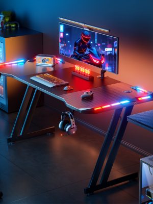 HOME DESK Gaming Desk With LED Lights Carbon Fibre Surface Gaming Table Large Computer Desk Ergonomic Home Office Desks Z Shaped PC Gamer Workstations With Headphone Hook & Cup Holder