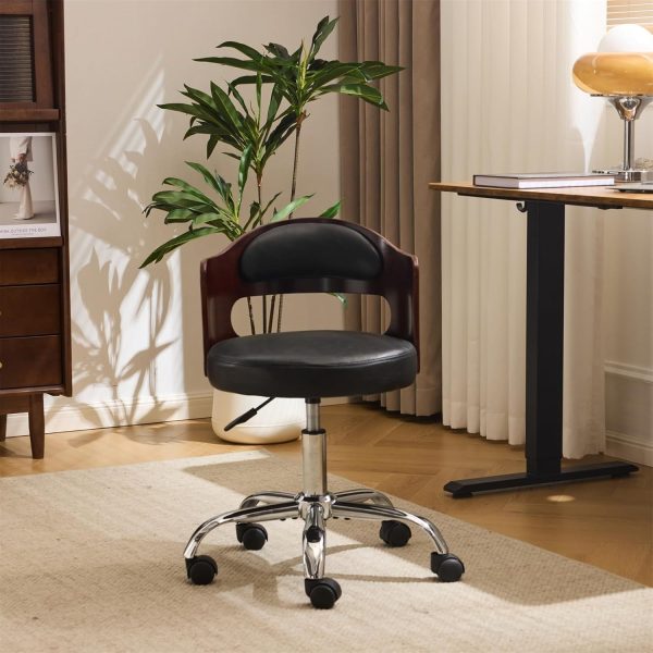 product-fancy-debcd3d5-2765-4fbb-b7e1-96413b8d4330 Bonnlo Adjustable Height Home Office Chair - Armless Swivel Desk Chair with Manual Height Adjustment, Curved Walnut-like Backrest, White & 5-Star Base-Like Stability (No Wheels) for Small Spaces, Study, Computer Desk - Space