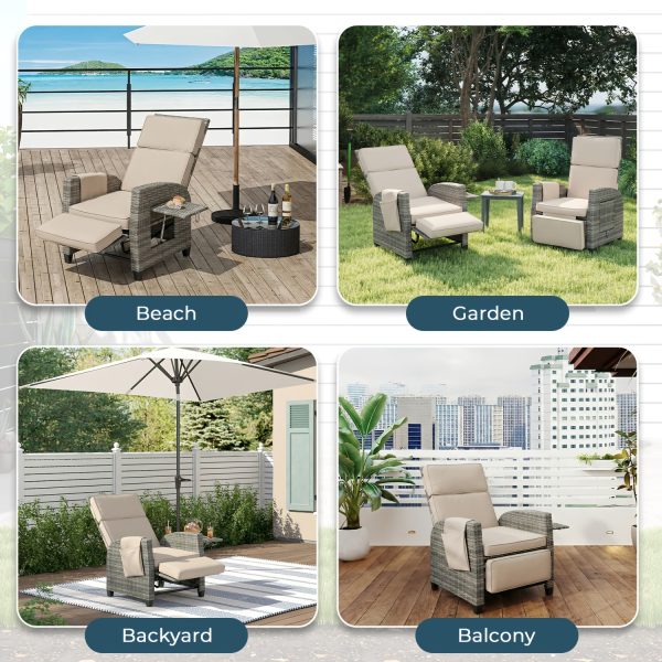 product-fancy-debe3869-c251-48ca-8268-414f0caafb89 Outdoor Patio Recliner Chair, Independent Adjustable Backrest Up To Lay Flat & Extended Footrest, Flip-Up Side Table, Removable Cushion, All-Weather Wicker, Aluminum Metal Frame For Porch Balcony Garden Poolside