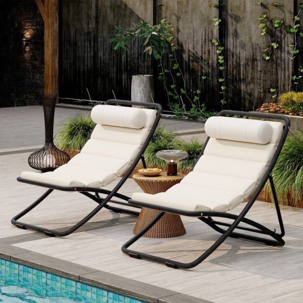 [Outdoor Folding Chair] TREXM 2pcs Outdoor Folding Chair, Rattan-Wrapped Patio Chair with Adjustable Backrest, Thick Cushion, and Detachable Headrest, for the Poolside, Beach, Backyard, Decck, and Camping