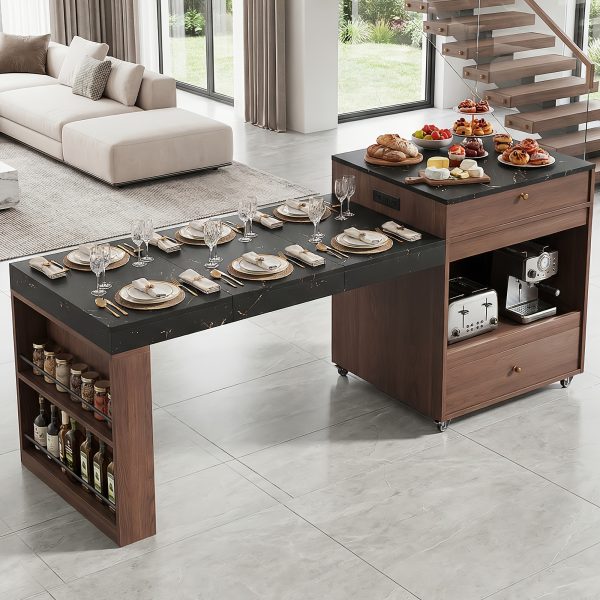product-fancy-df103d7e-1a2b-4e9b-b032-caf430648aed 78.6 Inch Extendable Rolling Kitchen Island with Storage Drawers Open Shelves, Mobile Kitchen Cart, Drop-Leaf Breakfast Bar for Dining Room