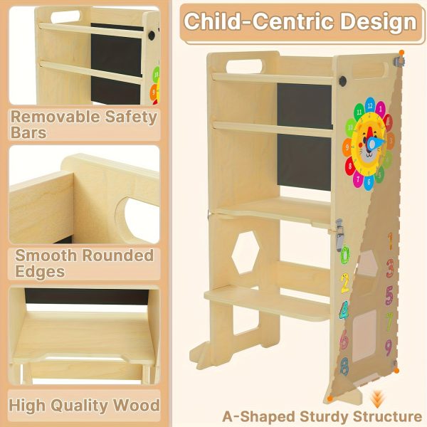4-in-1 Toddler Standing Tower with Learning Clock & Blackboard - Foldable Multi-Functional Step Stool, Wood Climbing Ladder & for & (Toddler Learning, Motor Skills Development)