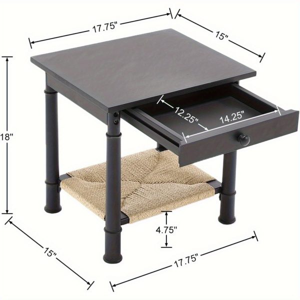 product-fancy-df514642-0d63-48a3-87f1-ac9277cce357 1pc 18 Inches Classical Square Side Table with Drawer 2-Tier End Table with Open Rattan Storage Shelf Solid Wood Sofa Table for Small Space, Living Room, Bedroom, Natural/ Black