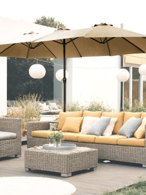 15-foot Long Rectangular Large Outdoor Patio Umbrella, Includes Base, Double Table Umbrella With A Crank Handle, Market Umbrella - UV Resistant, Heavy-duty Pool Umbrella, Suitable For Lawns, Backyards, And Gardens.