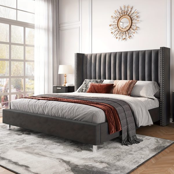 product-fancy-df75243a-32d5-4777-8b43-a480f43d2e12 PaPaJet Bed Frame with Vertical Channel Upholstered Tufted Velvet Wingback Headboard, Platform Bed, No Box Spring Needed, Easy Assembly