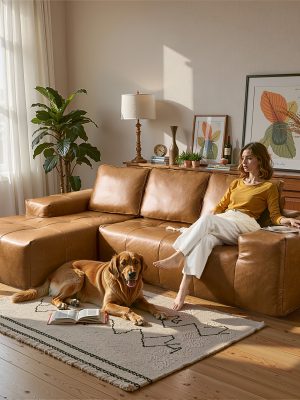 114" L-Shaped Sofa Set for The Living Room - Mid-Century Brown Waxed Fabric Sectional Couch, No Assembly Required (Chaise + Loveseat) Space-Saving Package (Brown)