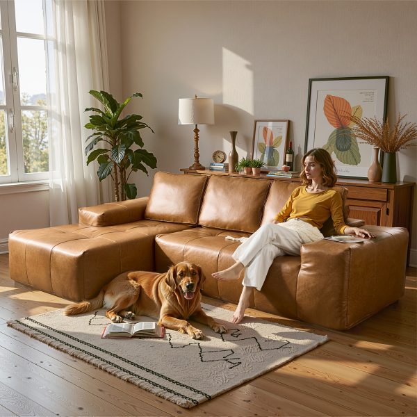 product-fancy-df9ad94b-5e55-4398-8ada-36df1dab1a72 114" L-Shaped Sofa Set for The Living Room - Mid-Century Brown Waxed Fabric Sectional Couch, No Assembly Required (Chaise + Loveseat) Space-Saving Package (Brown)