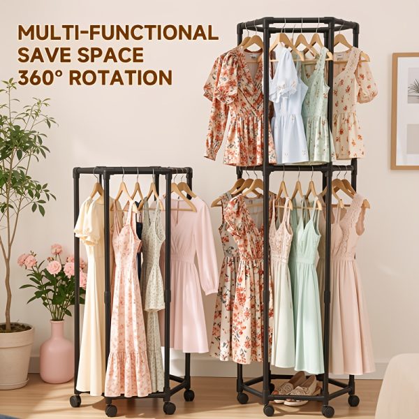 product-fancy-e0235940-1d7c-46ad-8974-279f61c89eb9 Rotating Clothing Rack with Wheels, Heavy Duty Metal Garment Rack for Hanging Clothes, Multifunctional Rotating Clothing Organizer, Freestanding Closet Organizer for Bedroom, Laundry Room, Space Saving Closet Storage for Coats, Dresses, Pants
