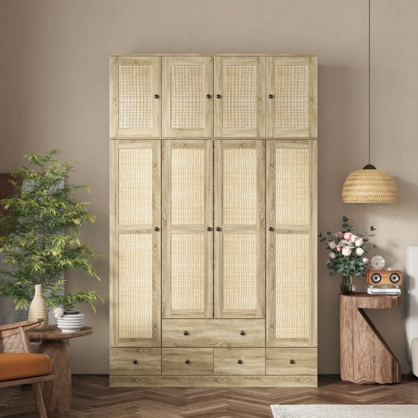 product-fancy-e04de9be-87a7-43fa-922c-3a7d08e51c53 4-Door Wooden Armoire Wardrobe Closet with 5 Drawers, Checkered Storage Area & Hanging Rods, Clothes Organizer for Bedroom, Modern Design