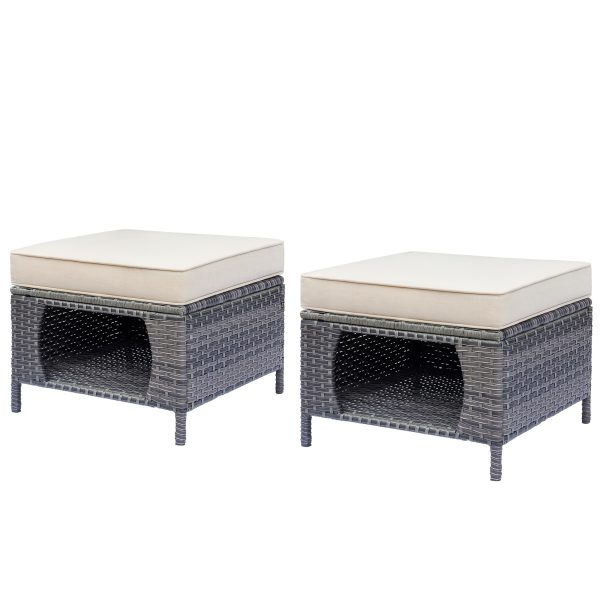 2pcs Royal Craft Outdoor Patio Furniture Set | Hand-Woven Pe Rattan Ottomans With 3.15 Inch Thick Cushions, All-Weather Material, Movable Cushions, Multifunctional Use, Gray Wicker With Beige/Denim Blue Cushions