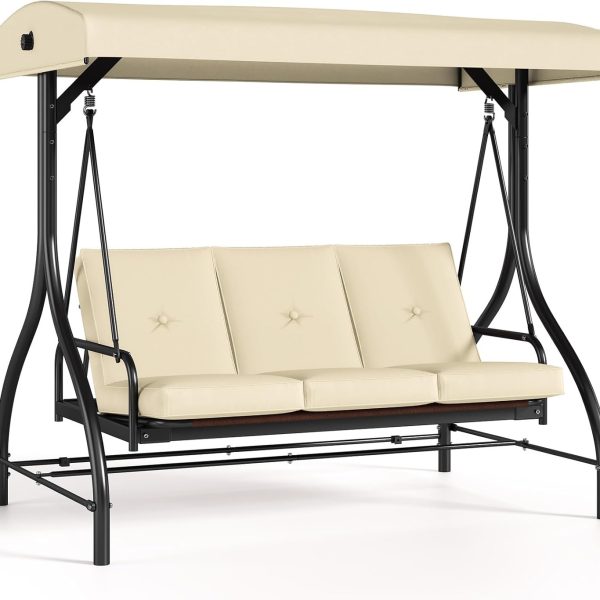 3 Person Patio Porch Swing Outdoor Converting Swing Glider Hammock with Adjustable Canopy, Cushions for Outside Backyard, Garden (Pillow Not Included)