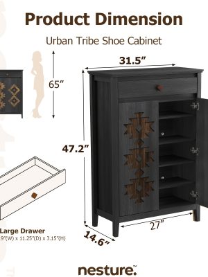 A Five-Level Shoe Storage Unit Featuring Drawers, Crafted from Wood with Adjustable Shelves, a Standalone Walnut Shoe Organizer, Perfect for Entryways, Hallways, And Walk-In Closets