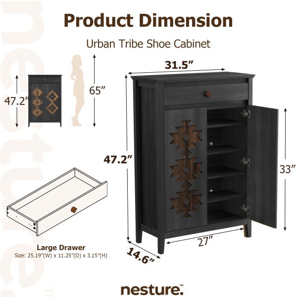 A Five-Level Shoe Storage Unit Featuring Drawers, Crafted from Wood with Adjustable Shelves, a Standalone Walnut Shoe Organizer, Perfect for Entryways, Hallways, And Walk-In Closets
