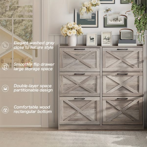 product-fancy-e0af8090-ea03-4145-b5ba-0839cd31c238 Washed Gray Shoe Storage Cabinet with 6 Flip Drawers | Narrow Freestanding Shoe Cabinet and Shoe Storage Organizer with Metal Handles for Entryway, Large Shoe Rack Organizer, Modern Farmhouse Style, Ideal for Shoe Racks, Made of Particle Board