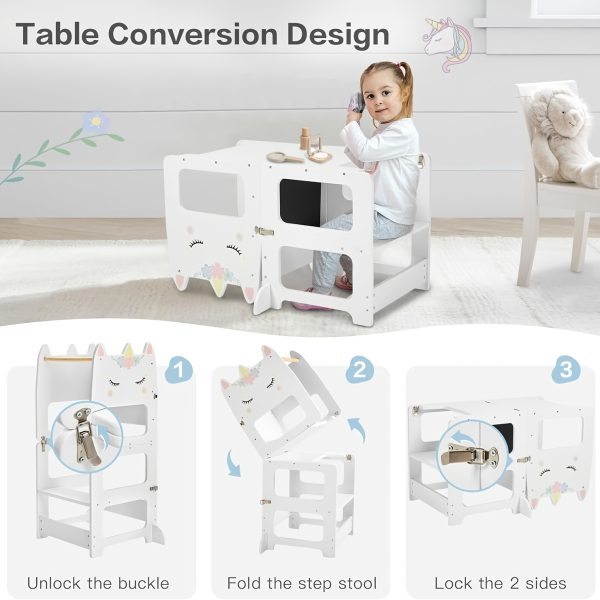 product-fancy-e0c60e1c-283d-4e19-b3ae-10767444512a Wooden Foldable Learning Tower with Blackboard - 3-In-1 Step Stool And Assisted Standing Tower, Foldable Kids Table And Chair Set, for Toddlers 18+ Months