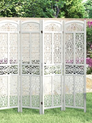 Handmade 4 or 6 Panel Floral Carved Wood Room Divider Screen - Freestanding Folding Privacy Partition with Burning Walnut & White Finish, Ornate Lattice Design, Lightweight Portable for Home Office Hotel Decor, Space-Saving Decorative Partition