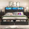 product-fancy-e117bb2b-8080-4043-8b6b-5991f1dd30fb Farmhouse Bed Frame with Storage Headboard and Drawers, LED Light and Charging Outlet, Noise Free, No Box Spring Needed