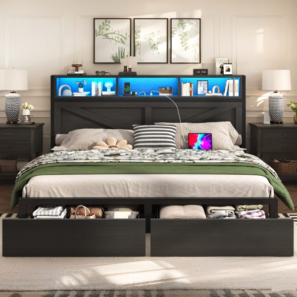 product-fancy-e117bb2b-8080-4043-8b6b-5991f1dd30fb Farmhouse Bed Frame with Storage Headboard and Drawers, LED Light and Charging Outlet, Noise Free, No Box Spring Needed