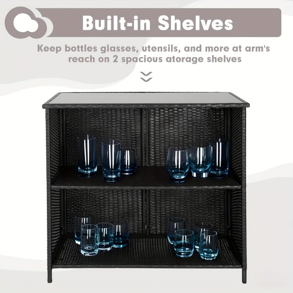 3pcs Outdoor Wicker Patio Bar Set with Hidden Storage Shelf, Brown Glass Top Table with Two Matching Stools and Comfortable Cushions for Backyard, Garden, Poolside and Patio