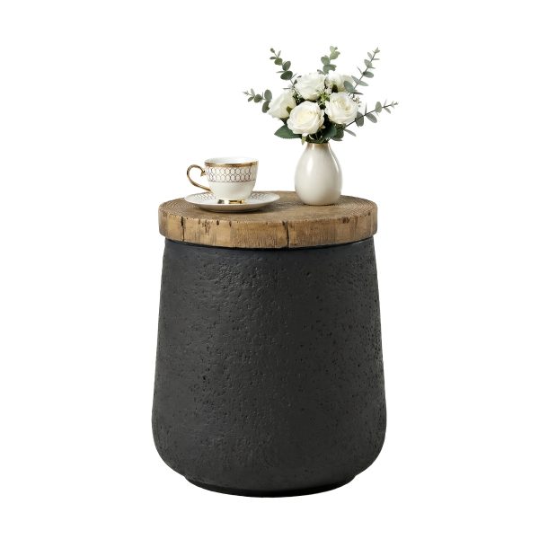 [Round Accent Table] Small Jar Cylinder Tree Ring Side Table, Black Magnesium Oxide End Table with Wood Grain Top - Round Accent Table for Living Room, Bedroom, Balcony