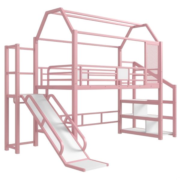 product-fancy-e1a81502-0c23-49d9-a419-37f5bbd8d0e4 BELLEMAVE 2-1 Twin Loft Bed with Slide And Stairs, Metal Playhouse Bed with Storage Shelves, House-shaped Loft Bed And Noise-free Design, Pink