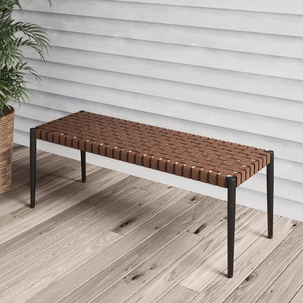 Grand Patio Bench, 2-Seat Leather-Look Wicker Bench with Tapered Legs, Outdoor Bench for Small Front Porch Entryway