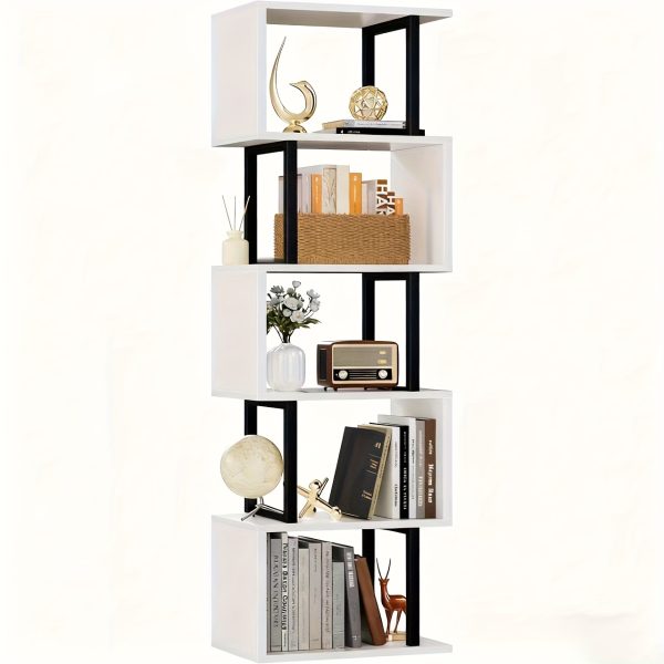 product-fancy-e1d2f7b4-6e2e-4f9e-8c00-8389c15253ab 6-Tier Tall Bookshelf, Lofty Geometric Book Cabinet, S-Shaped Industrial-Style Display Freestanding Bookshelf, Metal And Wood Decorative Storage Partition Rack, Suitable for Bedroom, Living Room, Office, Black/White