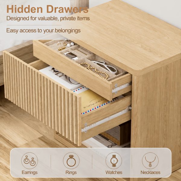 product-fancy-e2104326-c091-475a-b992-5975209eead5 Modern Space-Saving Nightstand with Hidden Drawers & Open Shelf - Curved Bedside Table Suitable for Small Bedrooms, Freestanding Assembly Required Bedside with Concealed Drawers and Open Shelves for Narrow Spaces
