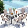 7pcs Outdoor Table And Chairs for 6, Outdoor Dining Set W/Rectangle Glass Table And 6 Patio Textilene Stackable Chairs, Patio Furniture Set W/Umbrella Hole, Umbrella Not Included