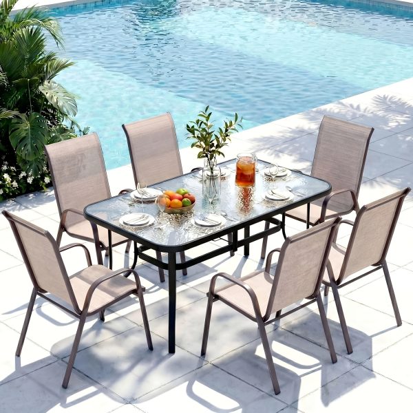 7pcs Outdoor Table And Chairs for 6, Outdoor Dining Set W/Rectangle Glass Table And 6 Patio Textilene Stackable Chairs, Patio Furniture Set W/Umbrella Hole, Umbrella Not Included