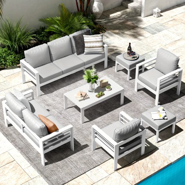 product-fancy-e29c91d8-4f99-4625-aed0-b09429d5cadd YODOLLA Aluminum Outdoor Furniture Collection, Contemporary Patio Set Including Coffee Table, 7pcs Conversation Set with Cushions for Balcony, Porch, And Lawn
