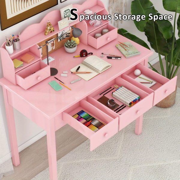 product-fancy-e2d0ac15-c53f-4ac5-ad96-0e9bf27fc858 Modern 40-Inch Pink Writing Desk Featuring a Hutch And Five Drawers, Ideal for a for home Office Or As a Compact Vanity in The Bedroom