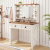 product-fancy-e2ee18a8-b1df-4235-aab8-f40bc3b7496d 47.2"W Farmhouse Vanity Makeup Vanity Desk with Mirror And Lights, Vanity Table with 4 Drawers & Shelves Big Makeup Desk with Charging Station for Bedroom, Dark Rustic Oak (Stool Not Included)